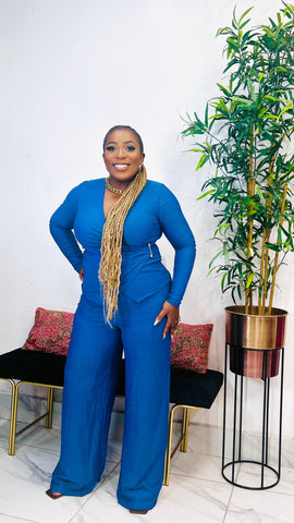 LUCIA SIDE BUCKLE V-NECK PANT SET ( Denim Blue)