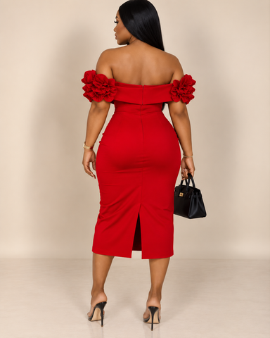 Valentina Red Ruffle Off-Shoulder Bodycon Midi Dress