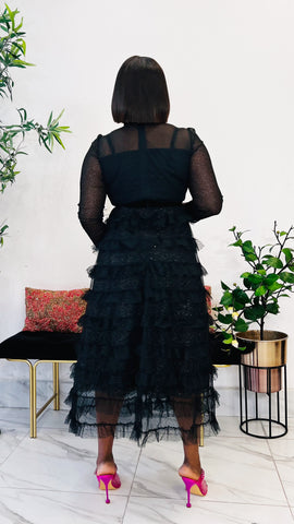 KATHY TULLE TIERED FITTED SKATER DRESS (Black)