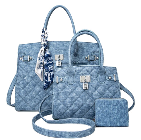 LORNA 3IN1 QUILTED DENIM SCARF HANDLE SATCHEL BAG