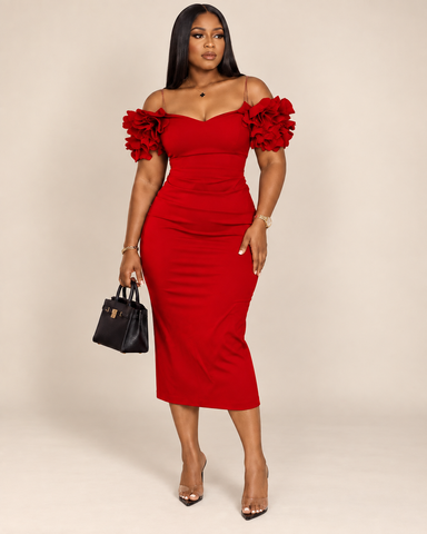 Valentina Red Ruffle Off-Shoulder Bodycon Midi Dress