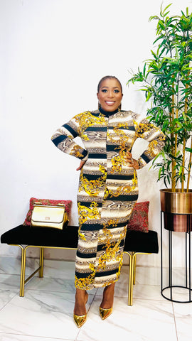 CHARLOTTE ANIMAL PRINT/GOLD SPROUT MIDI DRESS