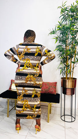 CHARLOTTE ANIMAL PRINT/GOLD SPROUT MIDI DRESS