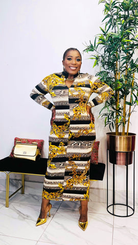 CHARLOTTE ANIMAL PRINT/GOLD SPROUT MIDI DRESS