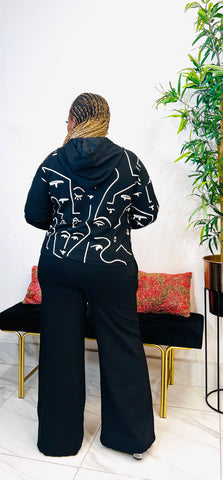 BROOKLYN ABSTRACT ART HOODED WIDE LEG PANT SET (Black)