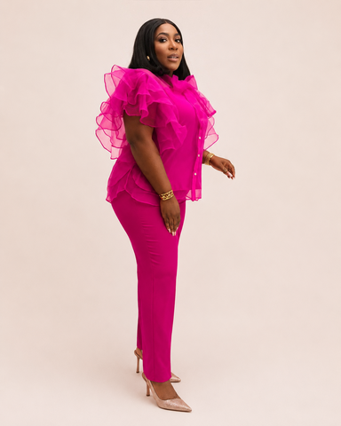 Bellarose Organza Ruffle Statement Blouse – Fuchsia