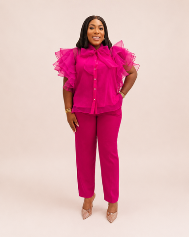 Bellarose Organza Ruffle Statement Blouse – Fuchsia