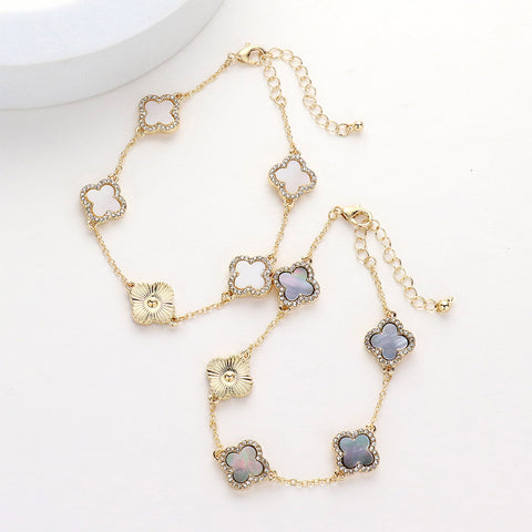 Brass Metal Mother Of Pearl Stoned Clover Bracelet