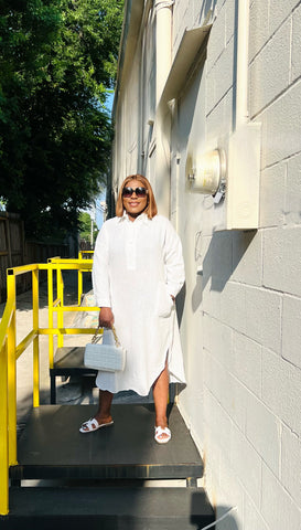CADENCE MID BUTTON LINEN DRESS(Offwhite)