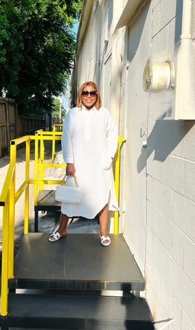 CADENCE MID BUTTON LINEN DRESS(Offwhite)