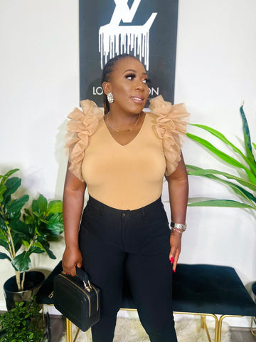 BIANCA TULLE SLEEVE V-NECK TOP (Nude) - styletittudeapparelusa
