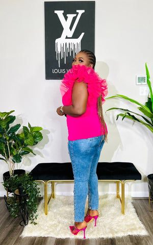 BIANCA TULLE SLEEVE V-NECK TOP (pink) - styletittudeapparelusa