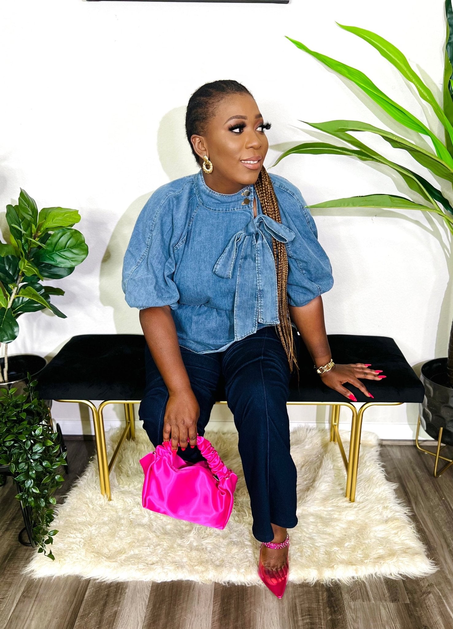 CARLOTTA DENIM PUFF SLEEVE BOW PEPLUM TOP - styletittudeapparelusa