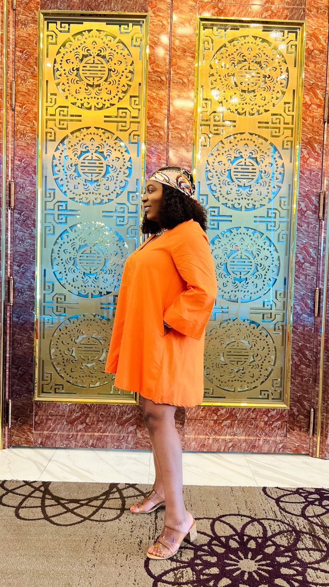 HARRIET BUTTON V-NECK DRESS (Orange) - styletittudeapparelusa