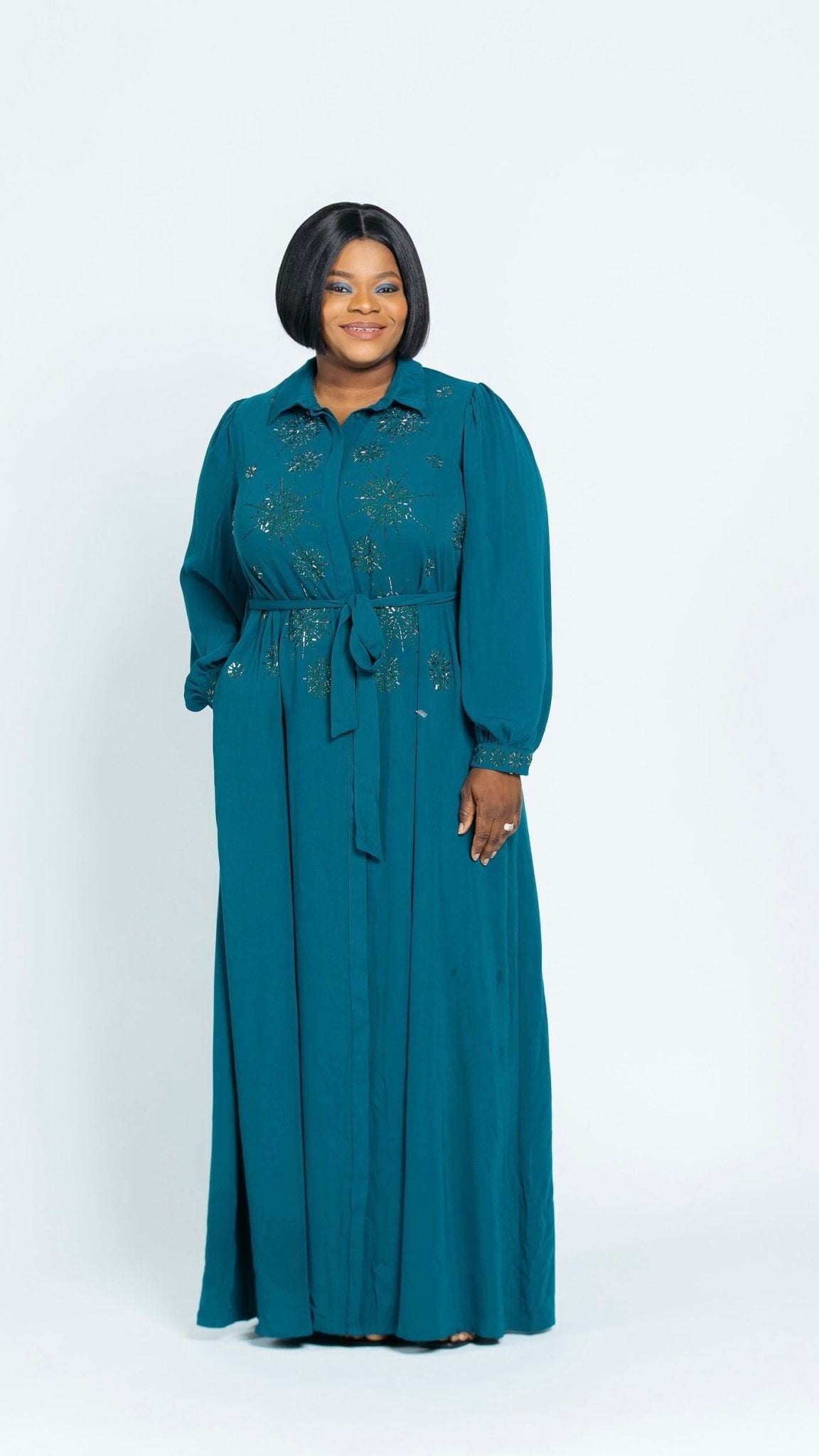 HER MAJESTY EMBELLISHED MAXI DRESS(Teal) - styletittudeapparelusa