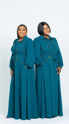 HER MAJESTY EMBELLISHED MAXI DRESS(Teal) - styletittudeapparelusa