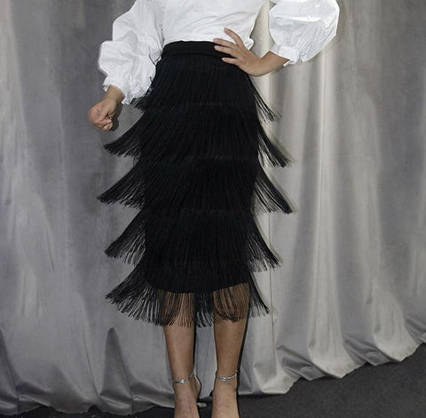 HOUR GLASS FRINGE SKIRT(Black) - styletittudeapparelusa