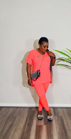 CUTTIE 2PC V-NECK LOUNGE SET(Neon Orange)