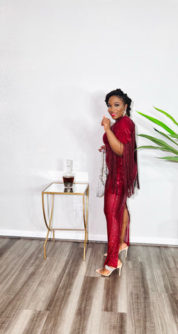 SYLVAN SEQUIN FRINGE DRESS(Wine)