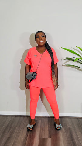 CUTTIE 2PC V-NECK LOUNGE SET(Neon Orange)