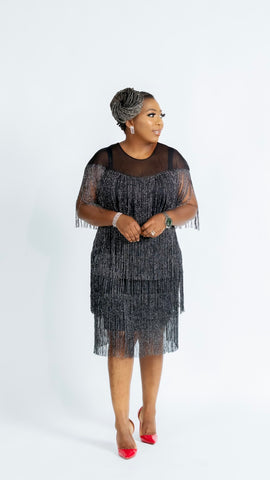BLAIR SHIMMER FRINGE MIDI DRESS(Black) X-Large By Styletittudeapparelusa BLAIR SHIMMER FRINGE MIDI DRESS(Black) X-Large By Styletittudeapparelusa