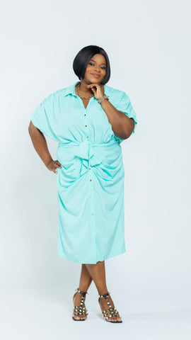 MINTY RUCHED MIDI DRESS