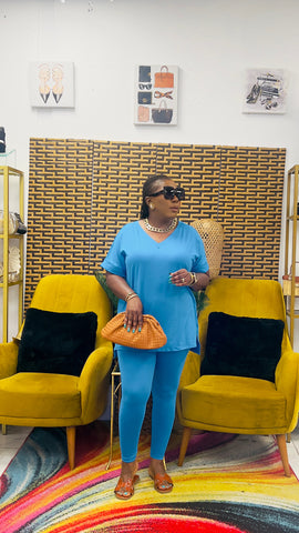 CUTTIE 2PC V-NECK LOUNGE SET(Turquoise Blue)