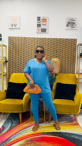 CUTTIE 2PC V-NECK LOUNGE SET(Turquoise Blue)