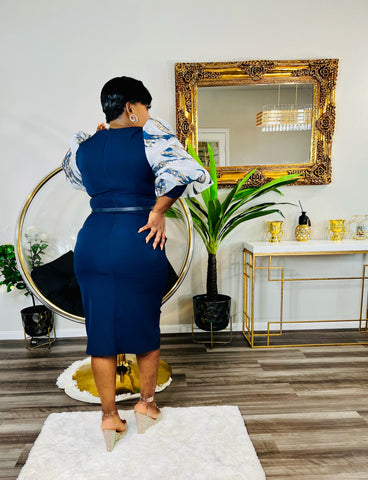 LUNA POWER SLEEVE MIDI DRESS NAVY (FINAL SALE)