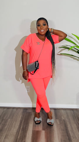 CUTTIE 2PC V-NECK LOUNGE SET(Neon Orange)