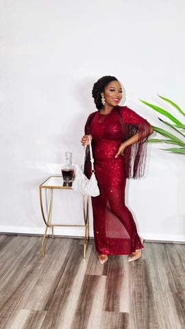 SYLVAN SEQUIN FRINGE DRESS(Wine)