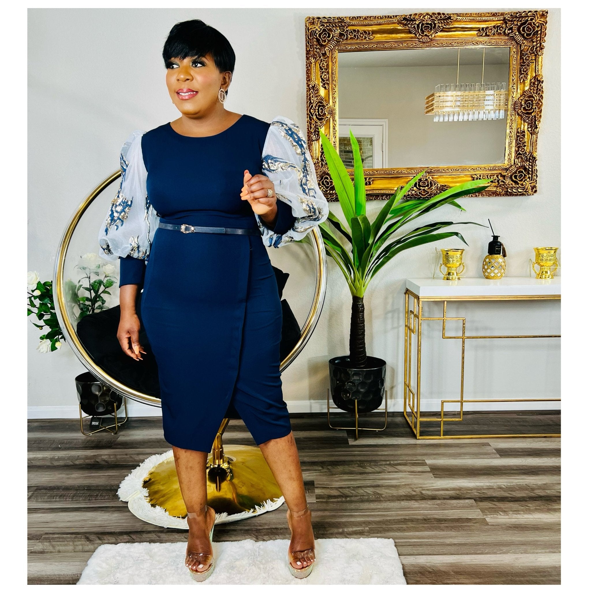 LUNA POWER SLEEVE MIDI DRESS NAVY - styletittudeapparelusa