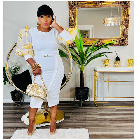 LUNA POWER SLEEVE MIDI DRESS (White) - styletittudeapparelusa